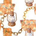 Watercolor old rusty lamps and chain seamless pattern. Hand drawn vintage kerosene lanterns with chain links isolated on Royalty Free Stock Photo