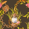 Watercolor old rusty lamps, chains, leaves and roses seamless pattern. Hand drawn kerosene lanterns, dry flowers on dark Royalty Free Stock Photo