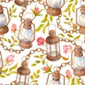 Watercolor old rusty lamps, chains, leaves and roses seamless pattern. Hand drawn vintage kerosene lanterns, dry flowers isolated Royalty Free Stock Photo