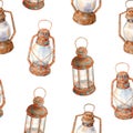 Watercolor old rusty lamps seamless pattern. Hand drawn vintage kerosene lanterns isolated on white background. llustration with Royalty Free Stock Photo