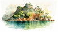 Watercolor Old Stone Castle: Exotic Landscapes And Illusionary Paintings