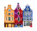 Watercolor old stone europe houses. Amsterdam buildings. Hand drawn cartoon illustration