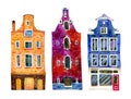 Watercolor old stone europe houses. Amsterdam buildings separated in row. Hand drawn cartoon illustration