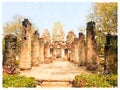 Watercolor of old temple at Ayutthaya