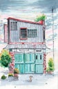 Watercolor old two store garage Royalty Free Stock Photo