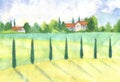 Watercolor old village landscape trees, vintage farmhouses. farmland hand paint illustration