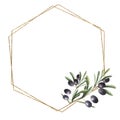 Watercolor olea floral illustration - olive leaf wreath,frame with gold geometric shape, for wedding stationary, greetings, Royalty Free Stock Photo