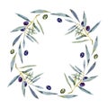 Watercolor olive branch wreath. Hand drawn natural frame. Royalty Free Stock Photo