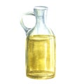 Watercolor olive oil in glass bottle, carafe, jug. Vegan fat food sauce. Hand drawn illustration