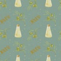 Watercolor Olive Seamless Pattern. Illustration with Green Olives and Bottle of Oil. Design for Cosmetics Packaging and