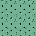 Watercolor olives with leaves seamless pattern on blue background.