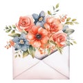 watercolor opened envelope with flowers and leaves isolated on white background