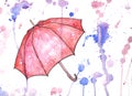 Watercolor opened umbrella on white background with colorful stains