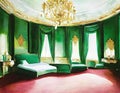 Watercolor of Opulent bedroom in rich malachite color with luxurious modern