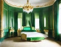 Watercolor of Opulent bedroom in rich malachite color with luxurious modern