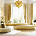 Watercolor of Opulent gold white living room with plush