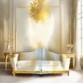 Watercolor of Opulent gold white living room with plush