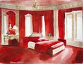 Watercolor of Opulent red bedroom