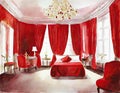 Watercolor of Opulent red bedroom