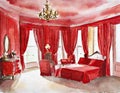 Watercolor of Opulent red bedroom