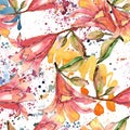 Watercolor orange amaryllis. Floral botanical flower. Seamless background pattern. Royalty Free Stock Photo