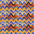 Watercolor orange and blue ikat vibrant seamless pattern. Trendy tribal pattern in watercolour style. Peacock feather.