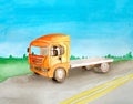 Watercolor orange empty flatbed rides a load on the asphalt road. Background of daytime summer landscape