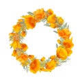 Watercolor orange flowers wreath with california poppies