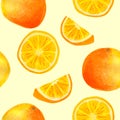 Watercolor orange fruit seamless pattern. Hand painted citrus slices isolated on pastel yellow background for food Royalty Free Stock Photo