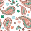 Watercolor Orange And Green Paisley and Dots Seamless Pattern