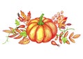 Watercolor orange pumpkin and autumn leaves