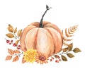 Watercolor orange pumpkin with flowers and autumn foliage. Thanksgiving day card design