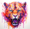 Watercolor orange and purple angry lioness mascot portrait colorful painting. Realistic wild animal illustration on