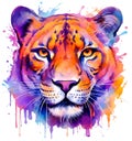 Watercolor orange and purple panther mascot portrait colorful painting. Realistic wild animal illustration on white background