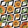 Watercolor orange sunflower flower. Floral botanical flower. Seamless background pattern.