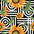 Watercolor orange sunflower flower. Floral botanical flower. Seamless background pattern. Royalty Free Stock Photo