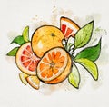 Watercolor oranges set isolated. Whole half cut chopped orange, red grapefruit slices, flowers leaves Royalty Free Stock Photo