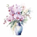 Watercolor Orchid Bouquet In Vase