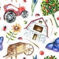 Watercolor organic farm seamless pattern.