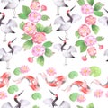 Watercolor Seamless pattern with asian cranes