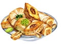 watercolor oriental sweets on glass suacer, illustration of traditional turkish sweets, baklava with honey and nuts