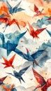 Watercolor Origami Cranes in Flight Pattern Royalty Free Stock Photo