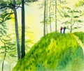 Watercolor original landscape painting colorful of mountain Royalty Free Stock Photo