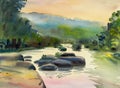 Watercolor original landscape painting colorful of mountain river stone Royalty Free Stock Photo