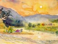 Watercolor original landscape painting colorful mountain trees, river jungle with Camping Royalty Free Stock Photo