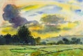 Watercolor original landscape painting colorful of sunset