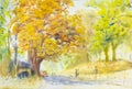 Watercolor original landscape painting golden tree flowers Royalty Free Stock Photo