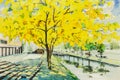 Watercolor original landscape painting yellow, orange color of golden tree flowers Royalty Free Stock Photo