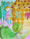 Watercolor original painting of Hansel eating sweet house in the forest Royalty Free Stock Photo