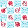 Watercolor ornament square pattern, pomegranate, red and blue print. Summer pattern for the textile fabric